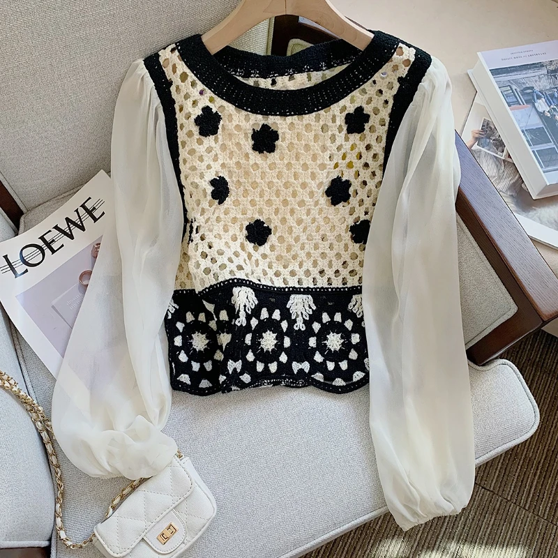 Ladies Floral Hollow Out Knitted Blouse Women Spring Summer Fashion Cute The Basics Lace Split Tops Female Girls Sexy Pullover