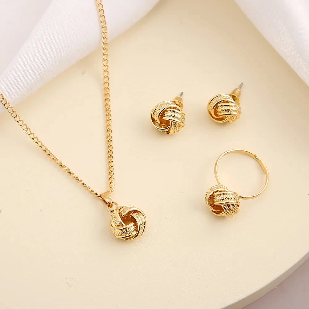 Gold Color Alloy Metal Twist Lucky Knot Earrings Necklace Ring Jewelry Set for Women Girls Trendy Geometric Vintage Accesories