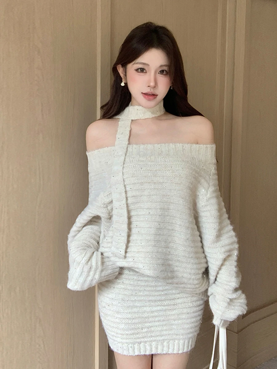 Korean Laid-back Style One-Shoulder Loose Long-Sleeve Knitted Top High-Waist Bodycon  Skirt Two-Piece Set Sexy Loose Fit