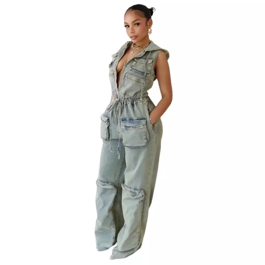 Vintage Denim Overalls Jumpsuit Rompers Women Belted Pocket Punk Y2k E-girl Casual Work Pants Hot Jeans Long Pants Streetwear