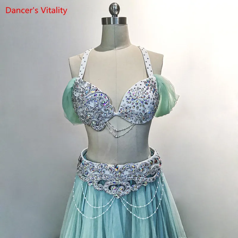 Belly Dance Suit Shiny Diamond Bra Mesh Big Swing Skirt Performance Clothes Set High-End Custom Adult Child Competition Clothing