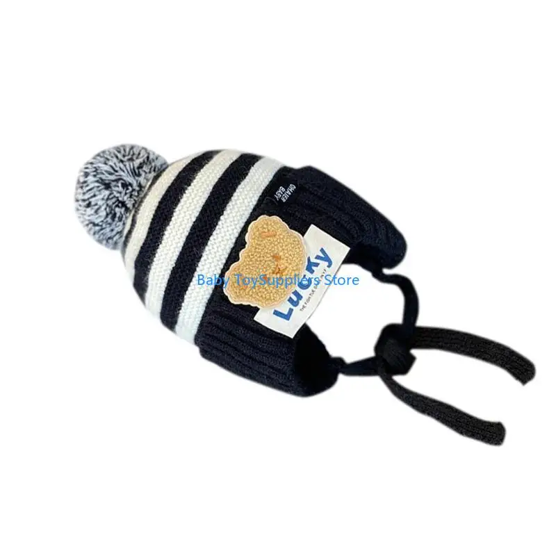 

R1WF Cartoon Bear Striped Hat Children's Stylish Warm Beanie Ear Protections Hats