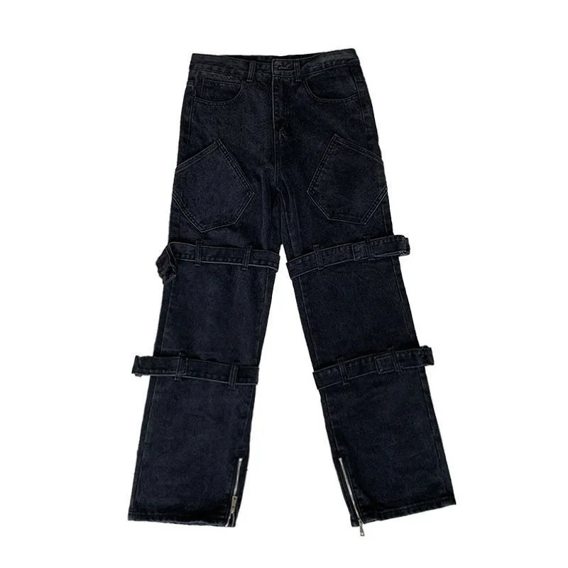 Heren Hiphop Jeans Europese En Amerikaanse High Street Y Y 2K Stijl Persoonlijkheidsband Straat Zwart/Blauw Rechte Losse Jeans Broek