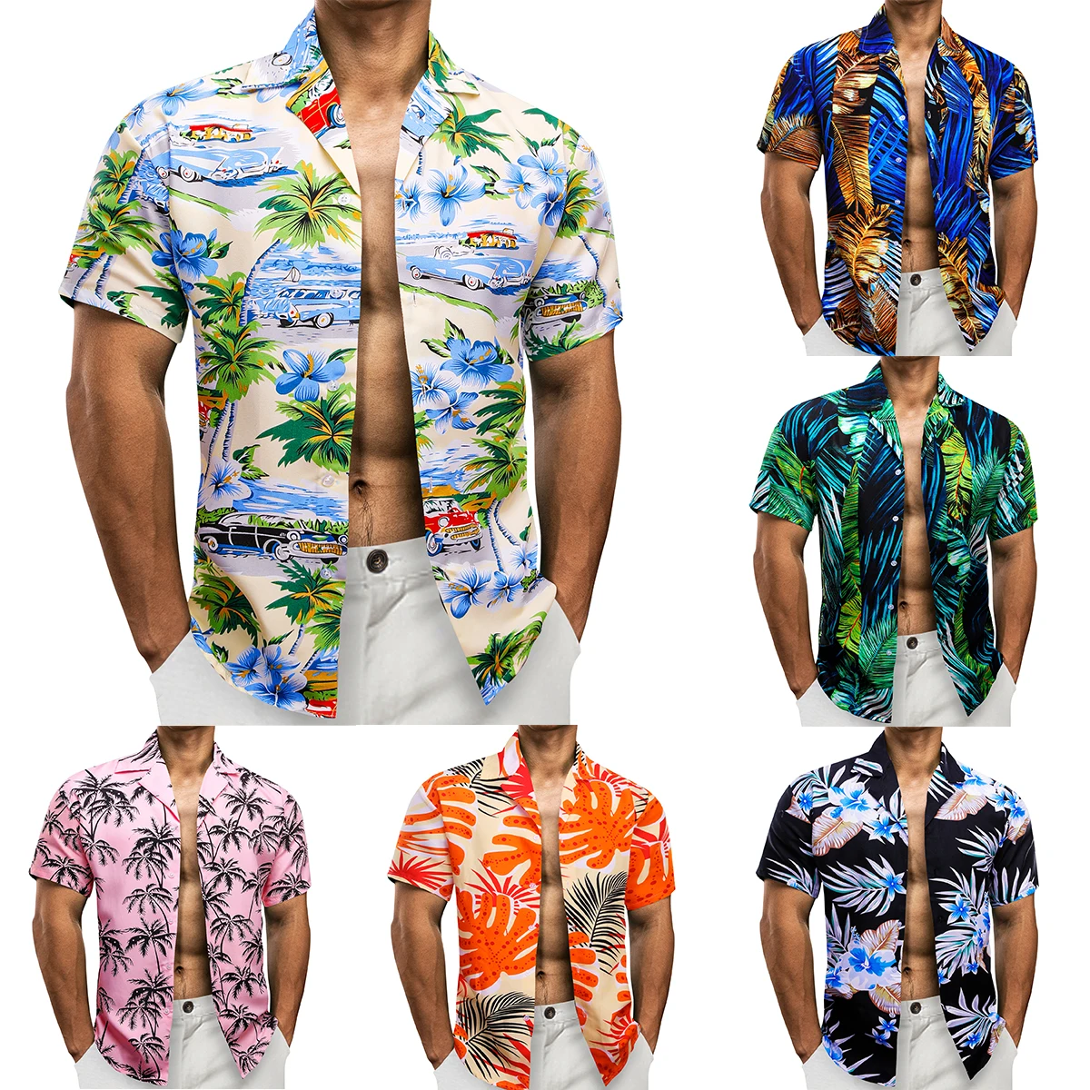 

Barry Wang Short Sleeeve Shirts for Men Summer Silk Beach Wear Coconut Boat Fashion Street Vacation Top Blue Green Pink Slim Fit