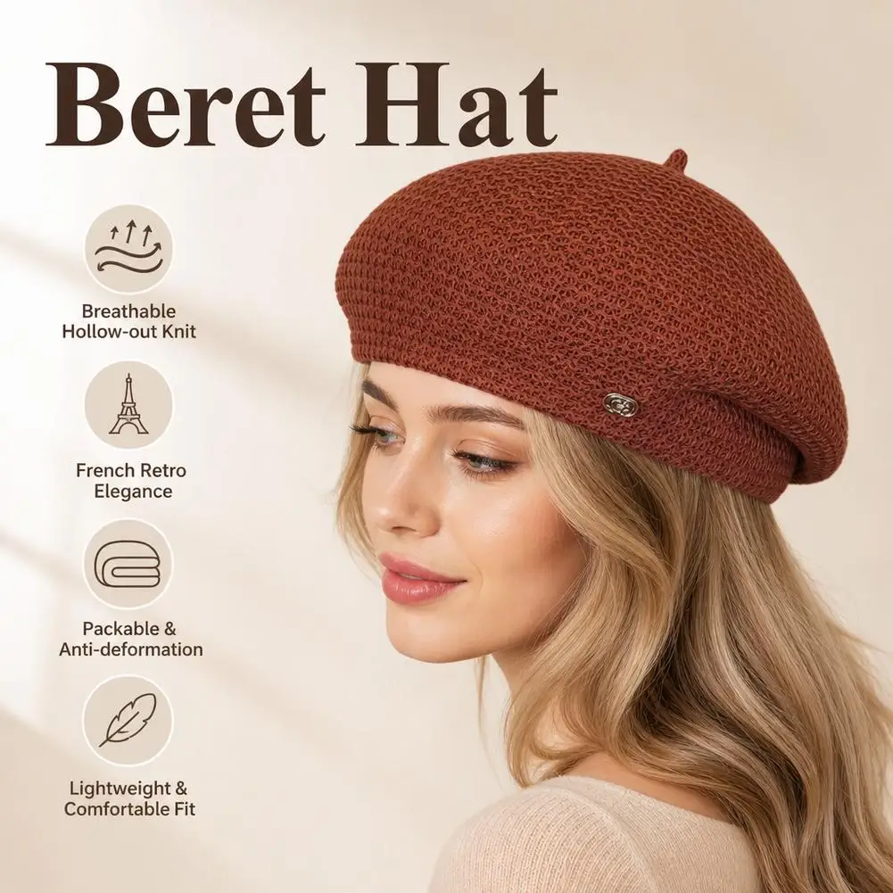 Breathable Hollow-Out Knit Beret Hat for Women French Style Woven Beret, Lightweight Fashion Cap for Daily Commute