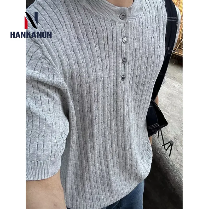 Frühjahr und Sommer Herren kurz ärmel ige Strick pullover, täglich lässige Pullover mit dehnbarem O-Ausschnitt, halb geöffnete Herren-Strickjacke.