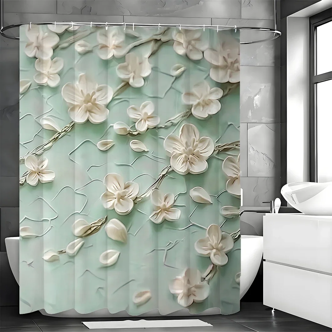 Light relief oil painting texture white small flower shower curtain, bathroom decorative shower curtain, waterproof shower cur