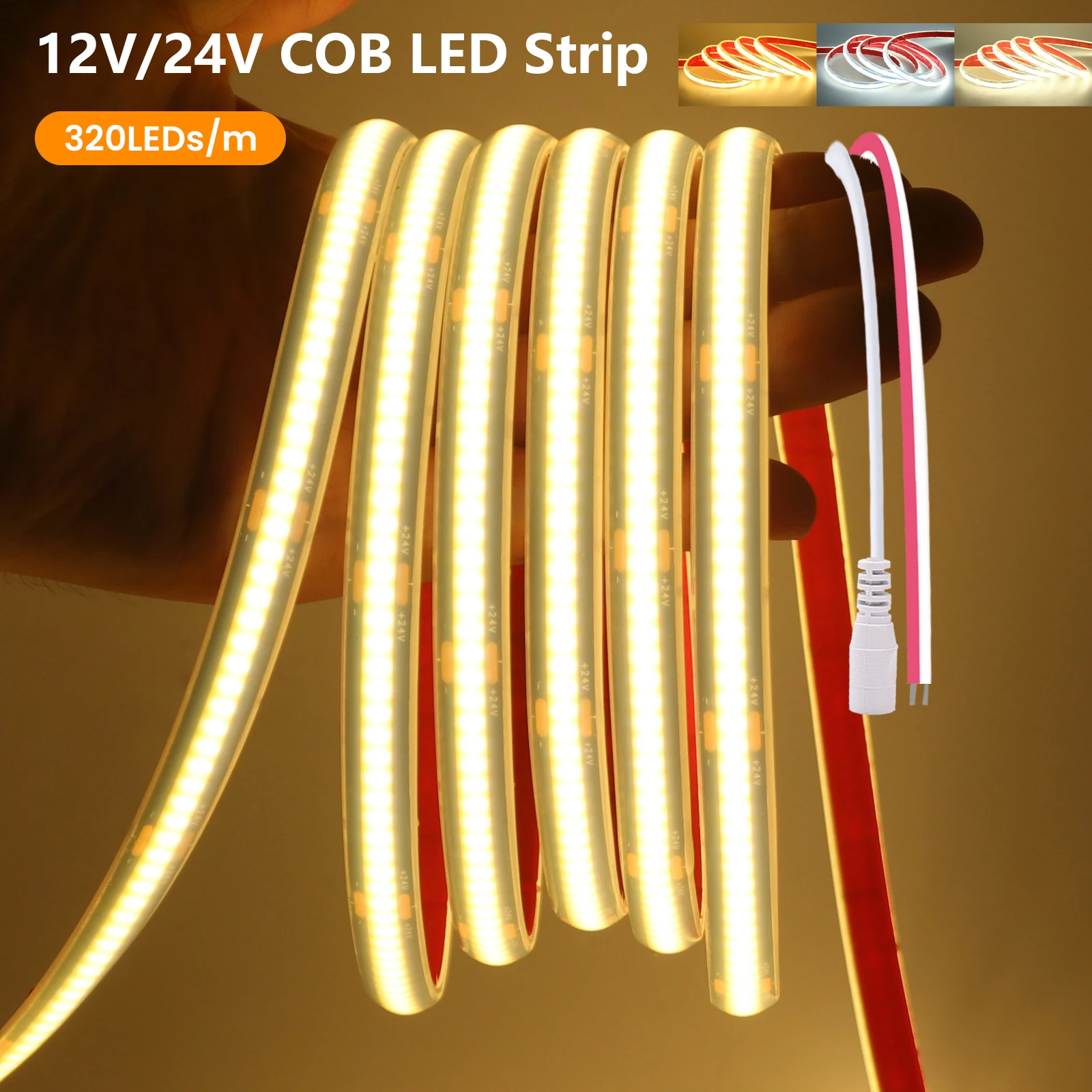 ip68防水-12v-24v-cob-ledストリップライト-320leds-m-ブラック-2pinワイヤー-dcプラグ-3000k-4000k-6000k-8mm-pcbフレキシブルテープ-ホームデコレーション