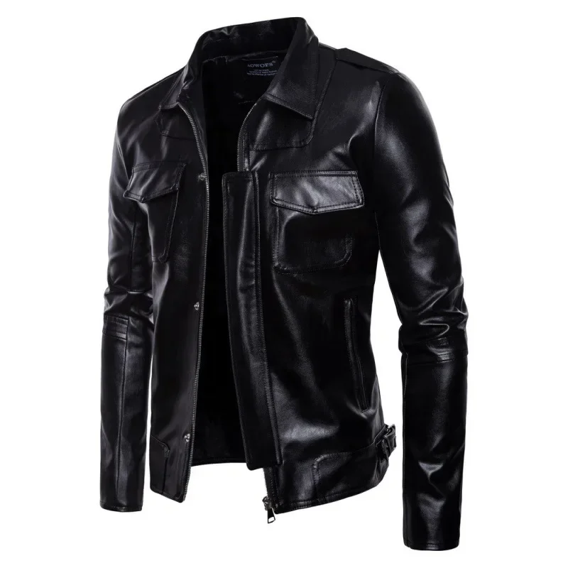 2023 New Foreign Trade Men's Motorcycle Leather Coat Lapel Leather Jacket PU Leather Large Casual Coat