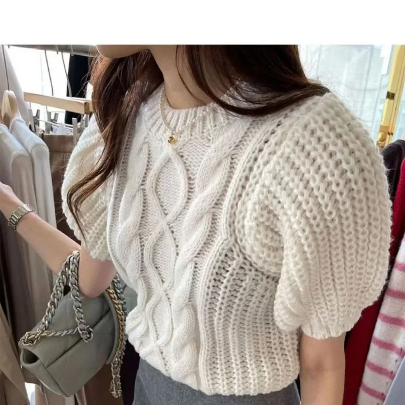 Sueters Mujer Solid Color Puff Short Sleeve Sweater Women Pullover Jumper Pull Femme Knitwear Tops Casual Grey Sweaters Female