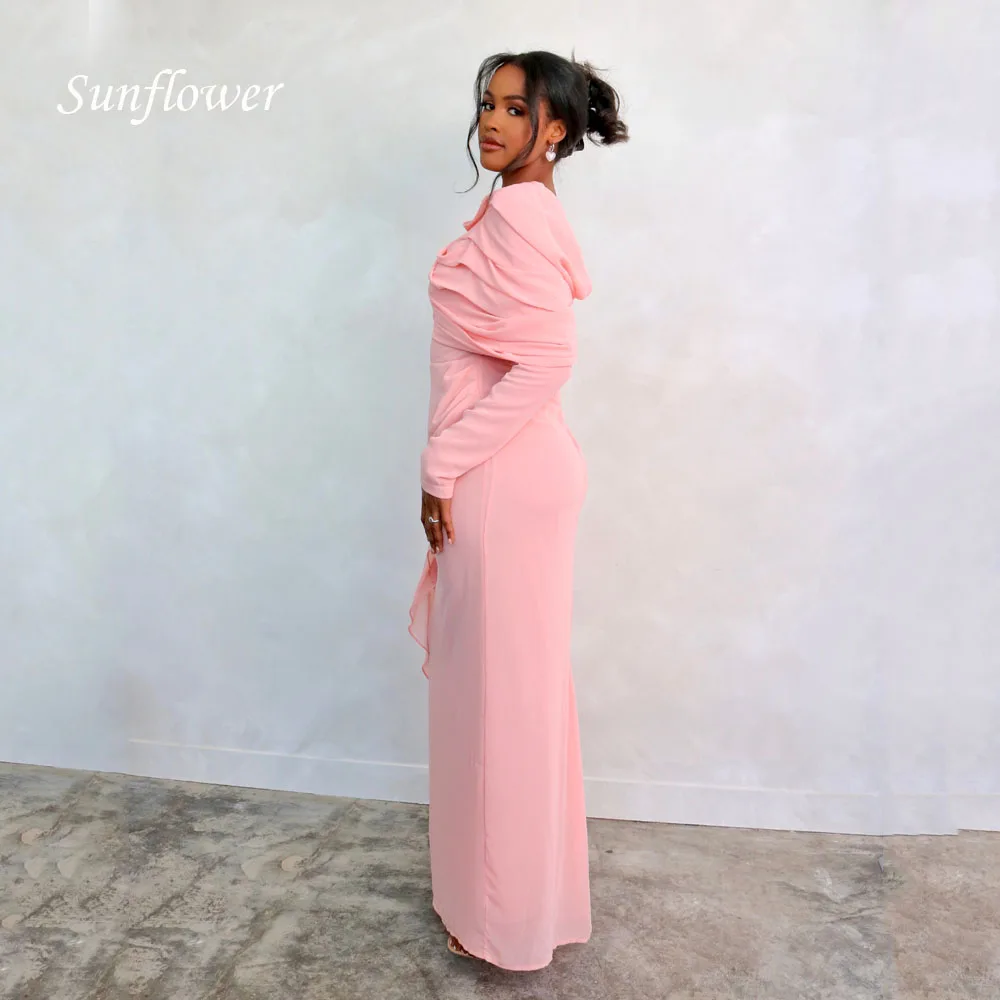 Sunflower Pink Chiffon Arabic Dubai Women Party Dresses Long Sleeves Pleated Sheath Floor Length Formal Prom Dress Evening Gowns