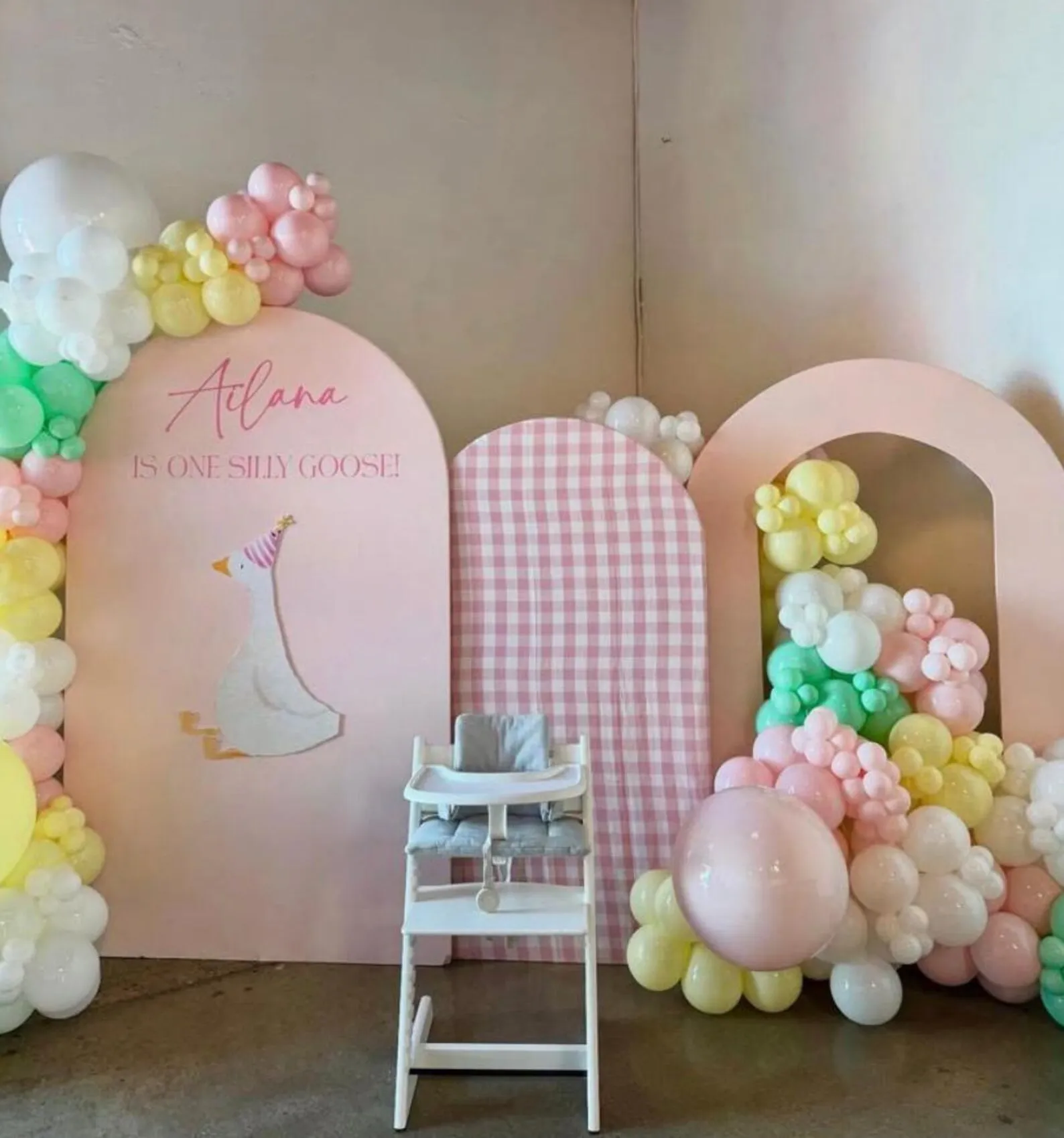 Mehofond Custom 2-Sided One Silly Goose Pink Plaids Girls Birthday Party Baby Shower Cover Chiara Arch Background Decor Backdrop