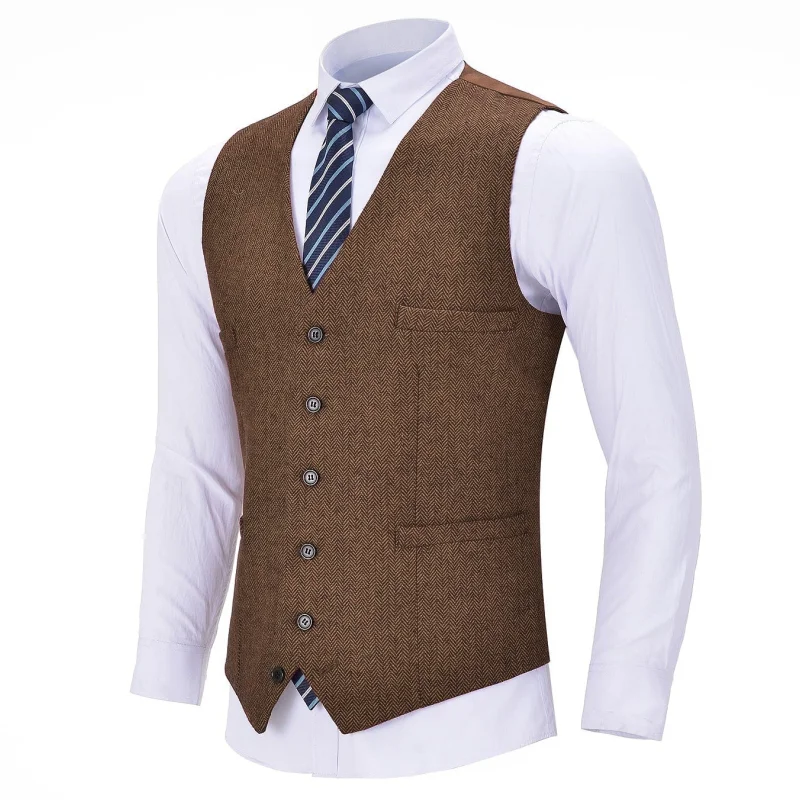 Herringbone Brown Men Vest Solid V Neck Herringbone Waistcoat For Wedding Business Birthday Banquet Work Set Men Suit Vest