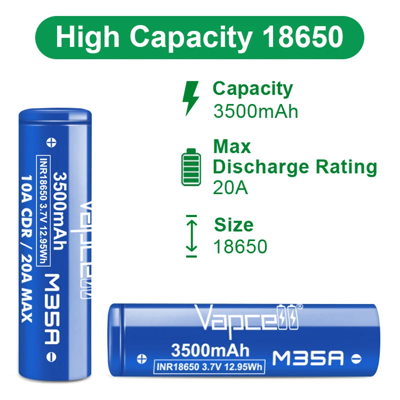 Original Grade A Vapcell M35A 18650 3500mah Battery 10A/20A 3.7V 12.95Wh INR18650 Rechargeable Lithium Batteries for Toys