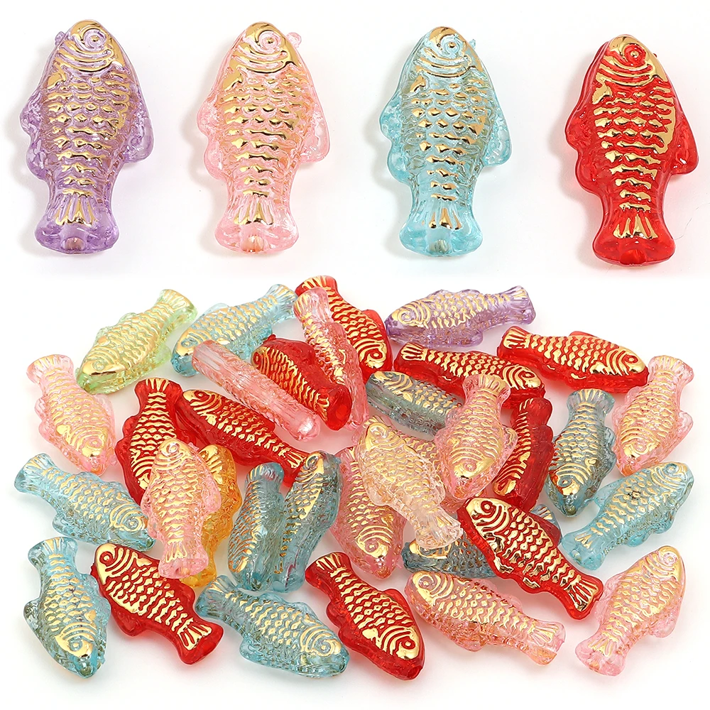 10 Stück goldfarbene kleine Fisch-Acrylperlen, bunte lose Abstandsperlen für die Schmuckherstellung, DIY-Armband, Halskette, Zubehör – Detail 3