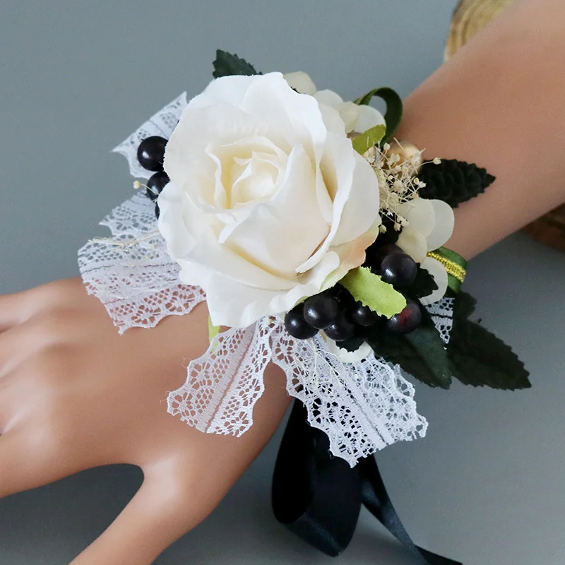 Champagne Artifical Flowers Boutonnieres Wrist Corsage Rose Ribbon Marriage Wedding Accessories for Party