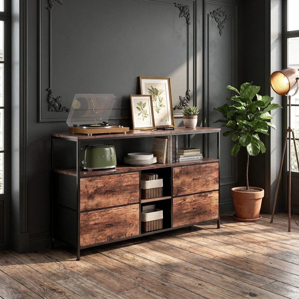 Mobile TV multifunzionale Anajqaqia, dimensioni 108 × 30 × 76,8 cm, con finitura in legno e motivo a strisce simili a quelle di un tigre, 4 cassetti e 3 vani aperti; ideale per il soggiorno, la cucina