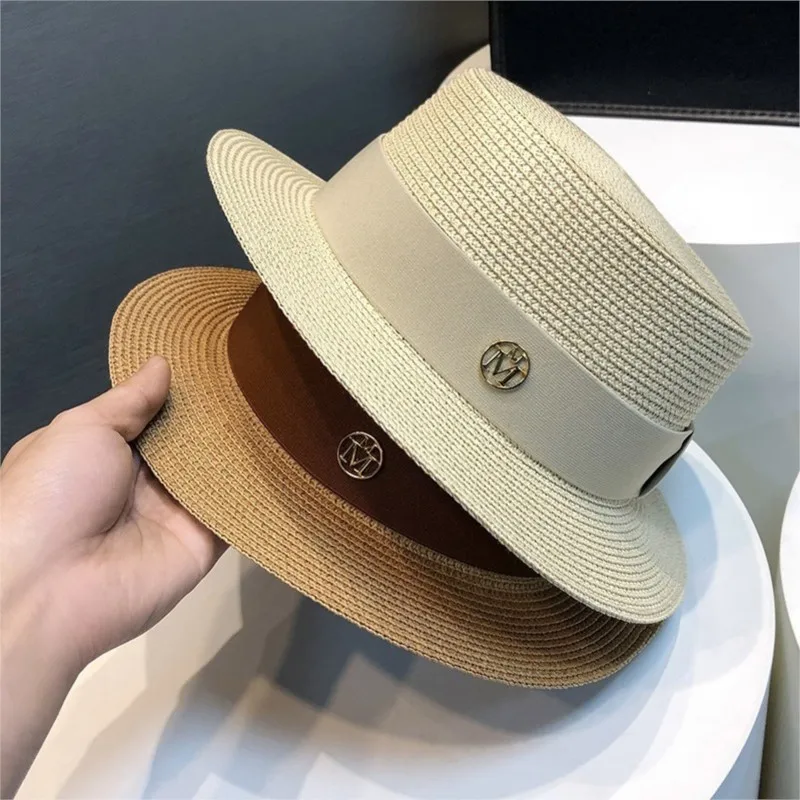 Flat-topped top hat women's seaside vacation sunshade and woven encrypted