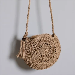 Fashion Round Soft Paper Rope Shoulder Bag Tassel Summer Beach Handmade Crossbody Bags Women Hollow Straw Bag Circle Rattan Bag