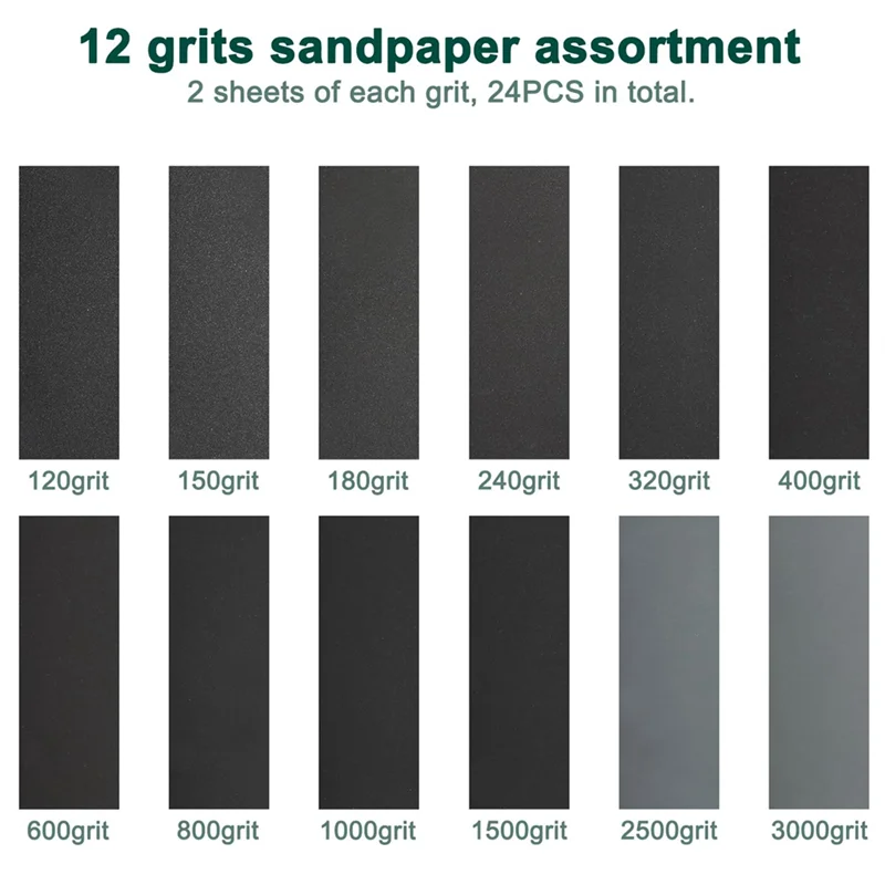 【Nuovo-Vendita】 24 pezzi di carta abrasiva da 120 a 3000 grana 12 grana di carta vetrata a umido e asciutto Assortimento di carte vetrate in carburo di silicio
