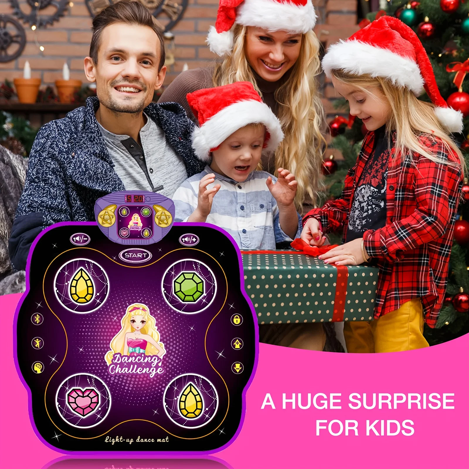 Kids Dance Playmat 87×82cm, Purple Cartoon Gem Pattern, Bluetooth Musical Light Up Dancing Mat, Christmas Gift for Girls