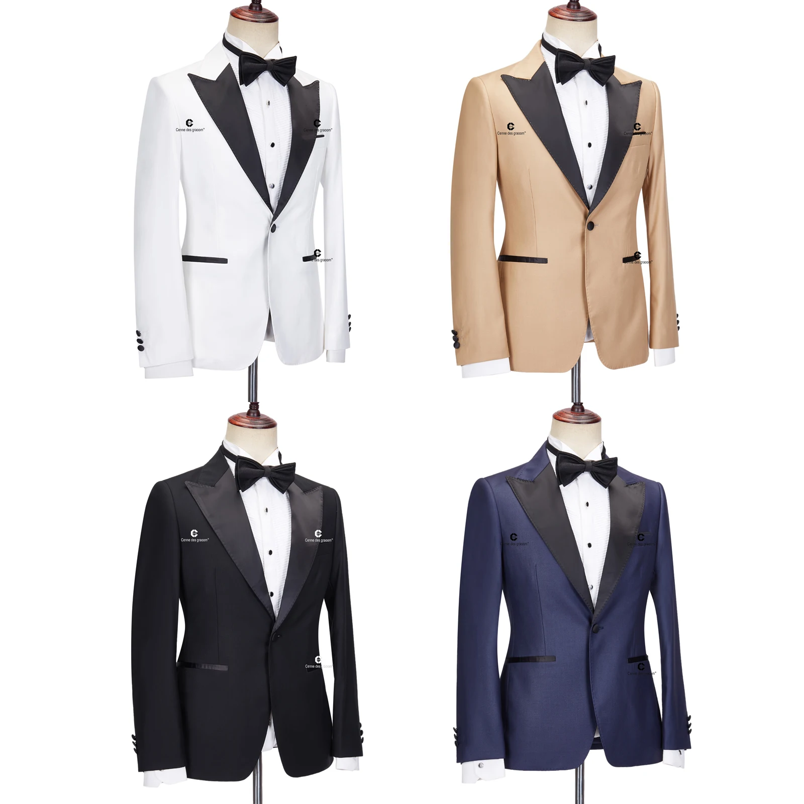 Cenne Des Graoom 2023 Tuxedo Suits for Men Peak Lapel Slim Fit Black and White Solid One Button Elegant Wedding Party Evening