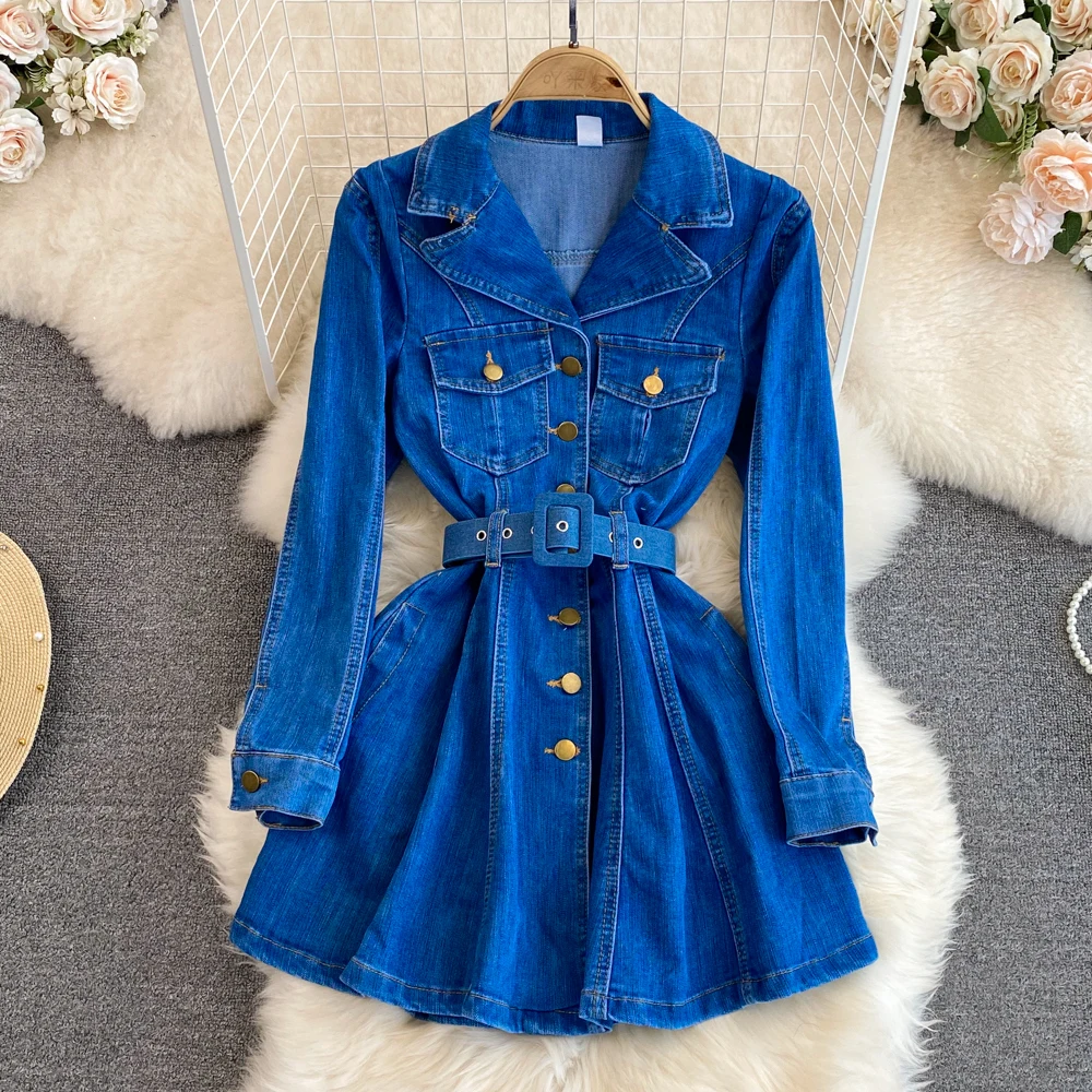 2023 Autumn Winter Retro Premium Style Long Sleeved Suit Collar Double Breasted Waist Shrinking A-line Denim Dress