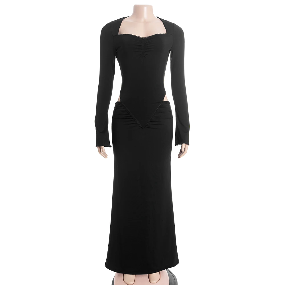 Pure kleur V-hals lange mouw wikkelborstjurk Sexy blootgestelde taille Splice lange jurk voor dames Europese en Amerikaanse stijl