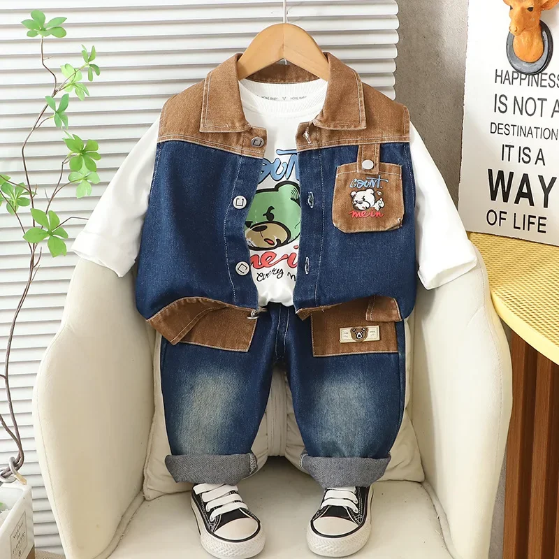 

Новая весенне-осенняя модная одежда для маленьких мальчиков, костюм, детский жилет, футболка, брюки, комплект из 3 шт./компл., комплект одежды для маленьких девочек, детские спортивные костюмы