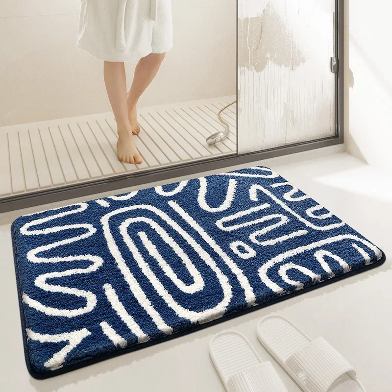 Decoration  Art Rug Stripe White Geometric Set Mat Quality High Bathroom Bath And Floor Flocking Blue Thickened