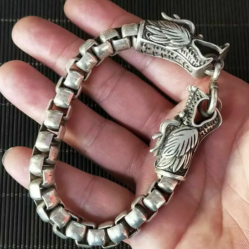 Chinese Exquisite Old Tibetan Silver Carved dragon head Bracelet