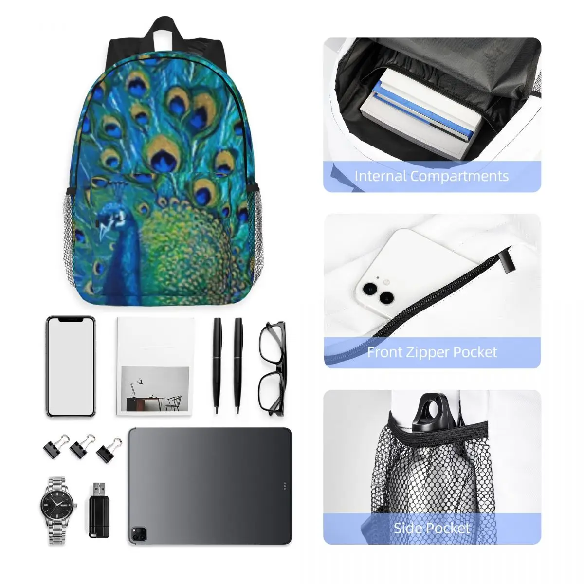 Peacock Full Glory 2 For Girls Boys Large Capacity Student Backpack Lightweight waterproof Backpack 15inch image 5