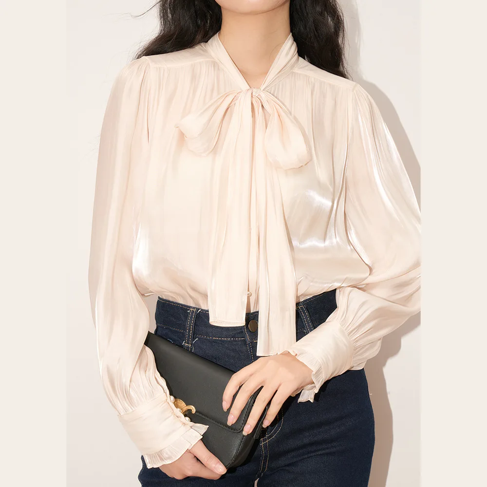 

Shengdu Spring 2026 Elegant Casual Glowing Ribbon Tie Commute Shirt Ladies' Gentleman Style Loose Fit Long Sleeve Polyester