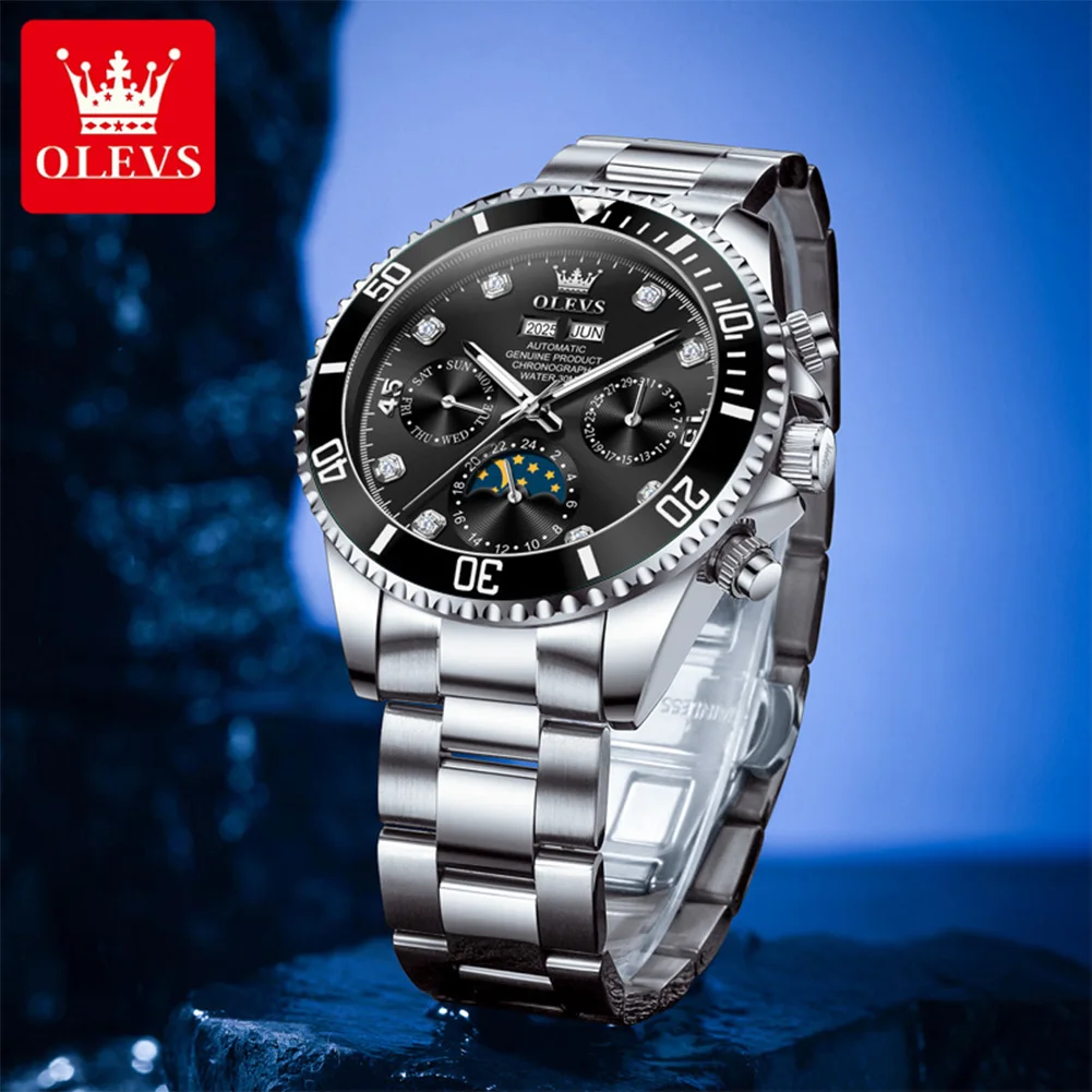 OLEVS 6729 ساعة رجالية فاخرة ماركة أوتوماتيكية ساعة ميكانيكية متعددة الوظائف مرحلة القمر مقاوم للماء ساعة رجالية فستان رياضي
