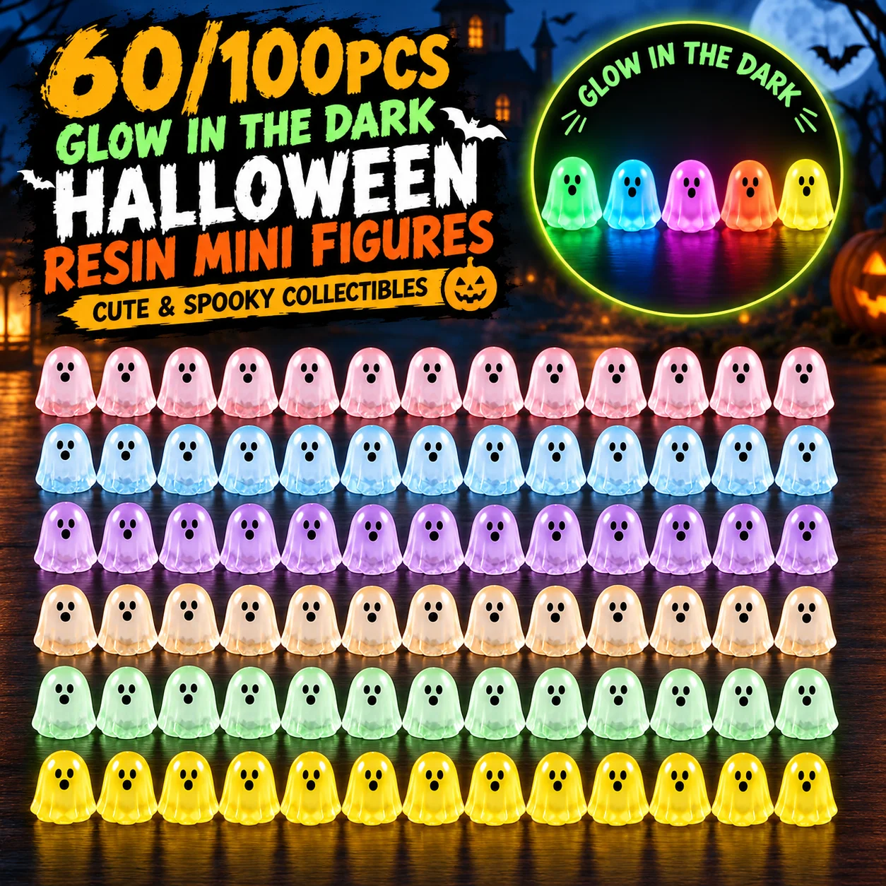 60/100PCS Glow In The Dark Halloween Mini Resin Ghost Figures Luminous Micro Landscape Miniatures DIY Craft Home Decor