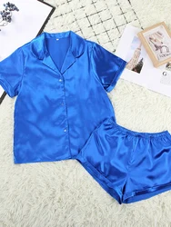 New Satin Suit with Shorts for Women 2024 Spring Summer Buttons Shirt Pajamas Set with Print Home Wear Women's Two Piece Outfits