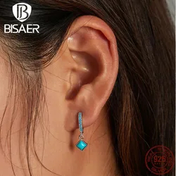 BISAER 925 Sterling Silver Ear Buckles Vintage Simple Turquoise Pendant Drop Earrings for Women Party Wedding Fine Jewelry