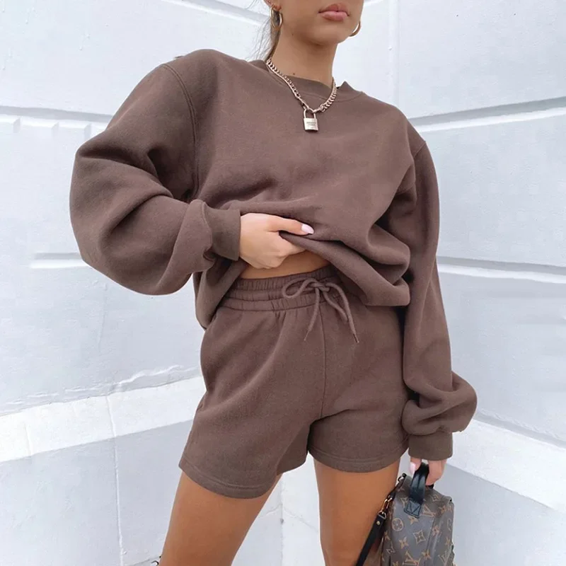 Women's Cropped 2-Pc Hoodie Set Fall 2025 - Solid Tone Shorts Coord Ribbed Edges French Terry Lounge Street Style