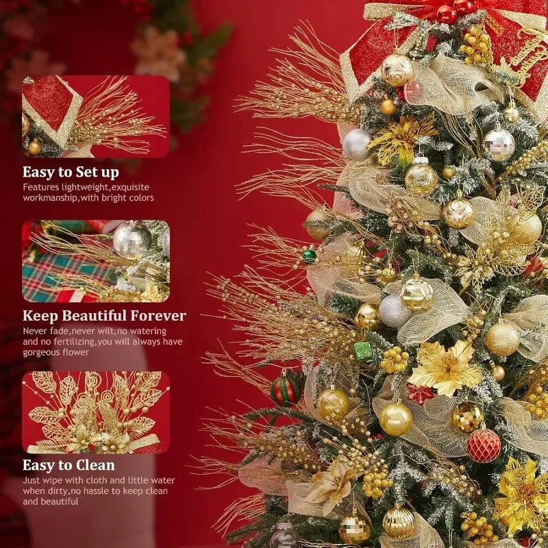 5/10 Stück Goldglitzer-Weihnachtsbaumdekoration Künstliche Beerenstiele Weihnachtsstern-Blumenzweige Ornament für Neujahrsdekoration – Detail 2