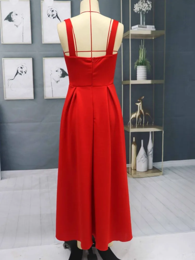 Women\'s Formal Wrap Red Midi Dress V Neck Sleeveless Summer Ladies Elegant Sexy Strap Evening Cocktail Party Gown Ceremony Dress