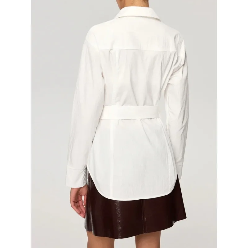 Tinaa White Button-Down Shirt for Women 2026 Stylish Turn Down Collar Long Sleeve Gold Belted Urban Commute Blouses 197746