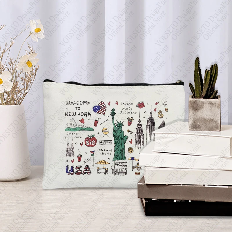 1 pc welcome to New York pattern Makeup Bag, Travel Toilet Storage Bag, Party Gift Zipper Organizer, Cosmetic Pouch For Makeup