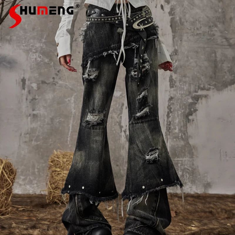 

Уличные панк-винтажные джинсы с заниженной талией и рваными краями из двух частей, слегка затянутые джинсы, женские брюки на молнии с высокой талией