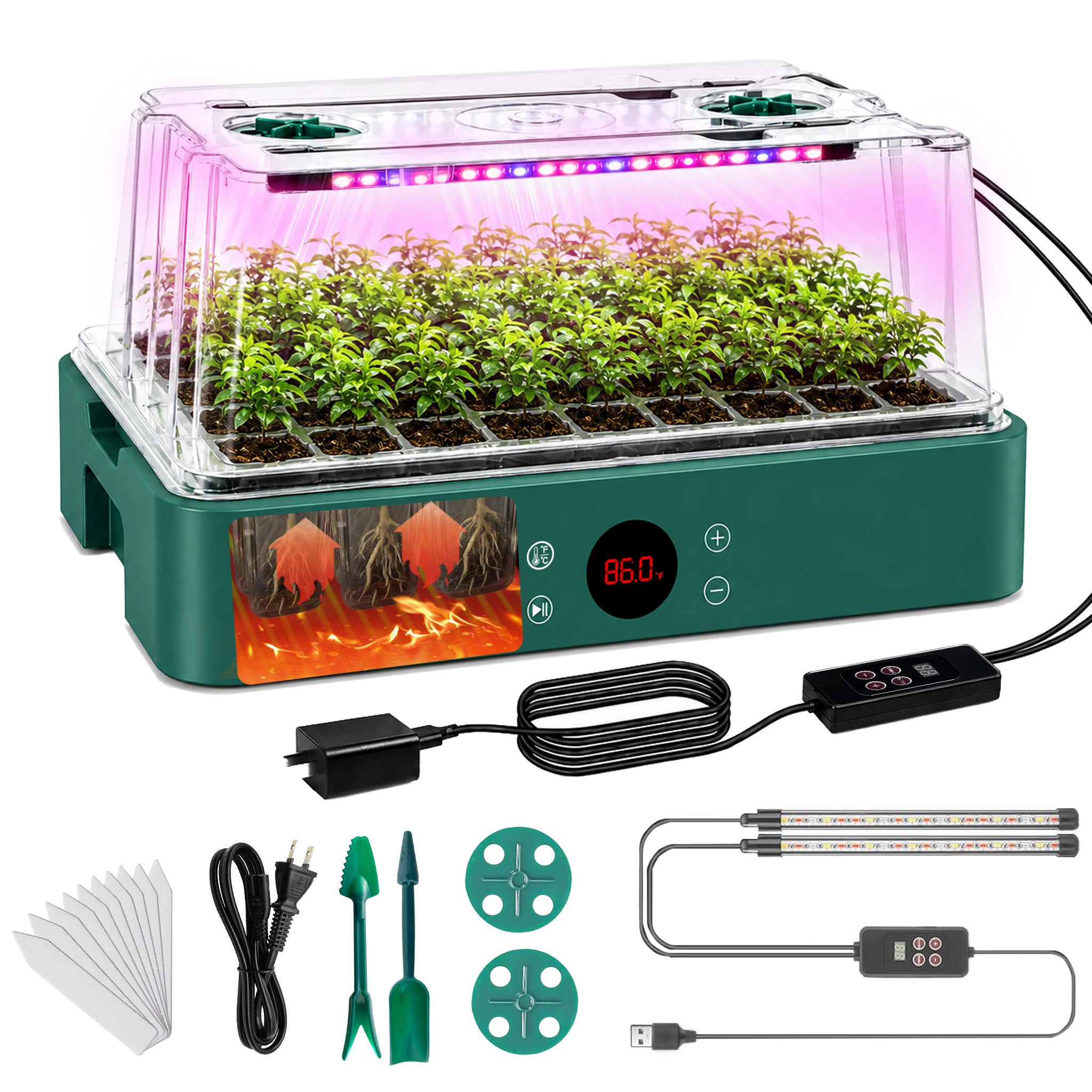 40-Cell Heated Seed Starter Kit w/ Grow Light, Humidity Dome & Integrated Heating, 1-24H Timer, for Indoor Germination