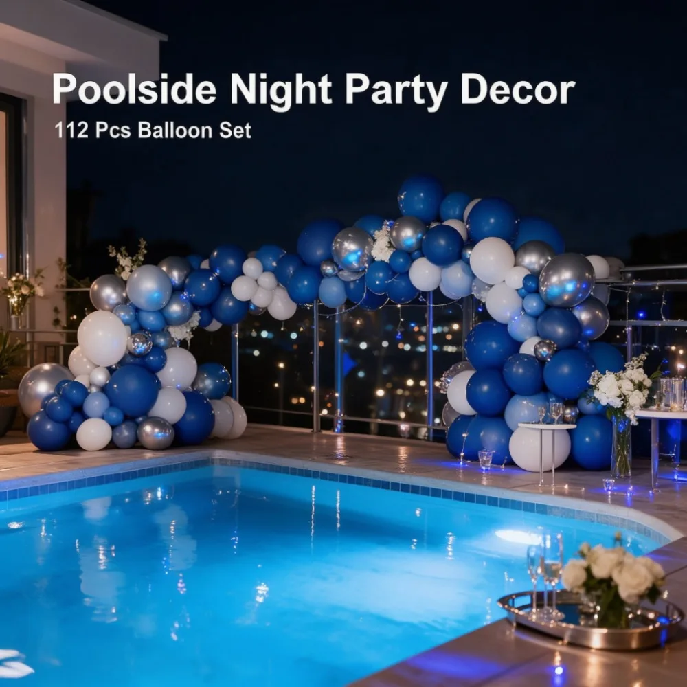 112Pcs Blue Silver White Balloon Arch Garland Kit, Assorted Size Dark Blue Light Blue White Metallic Silver Latex Balloons with Balloon Tape & Glue Dots, DIY Balloon Decor for Boy Birthday, Baby Shower, Poolside Party, Graduation, Anniversary Celebration