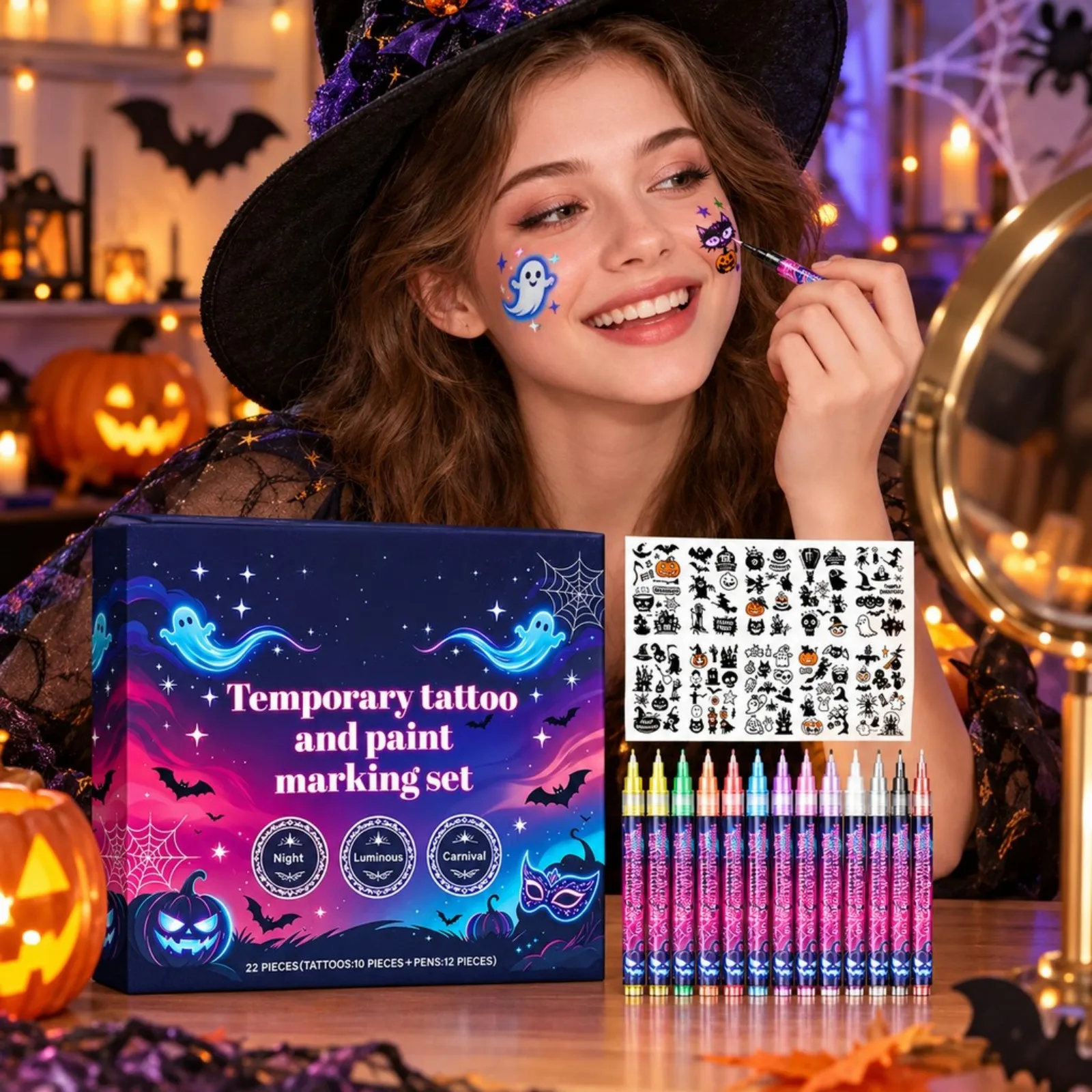 Temporary Tattoo and Body Paint Kit for Halloween Party DIY Face Body Decoration Easy Wash Off Halloween Party Glowing Makeup