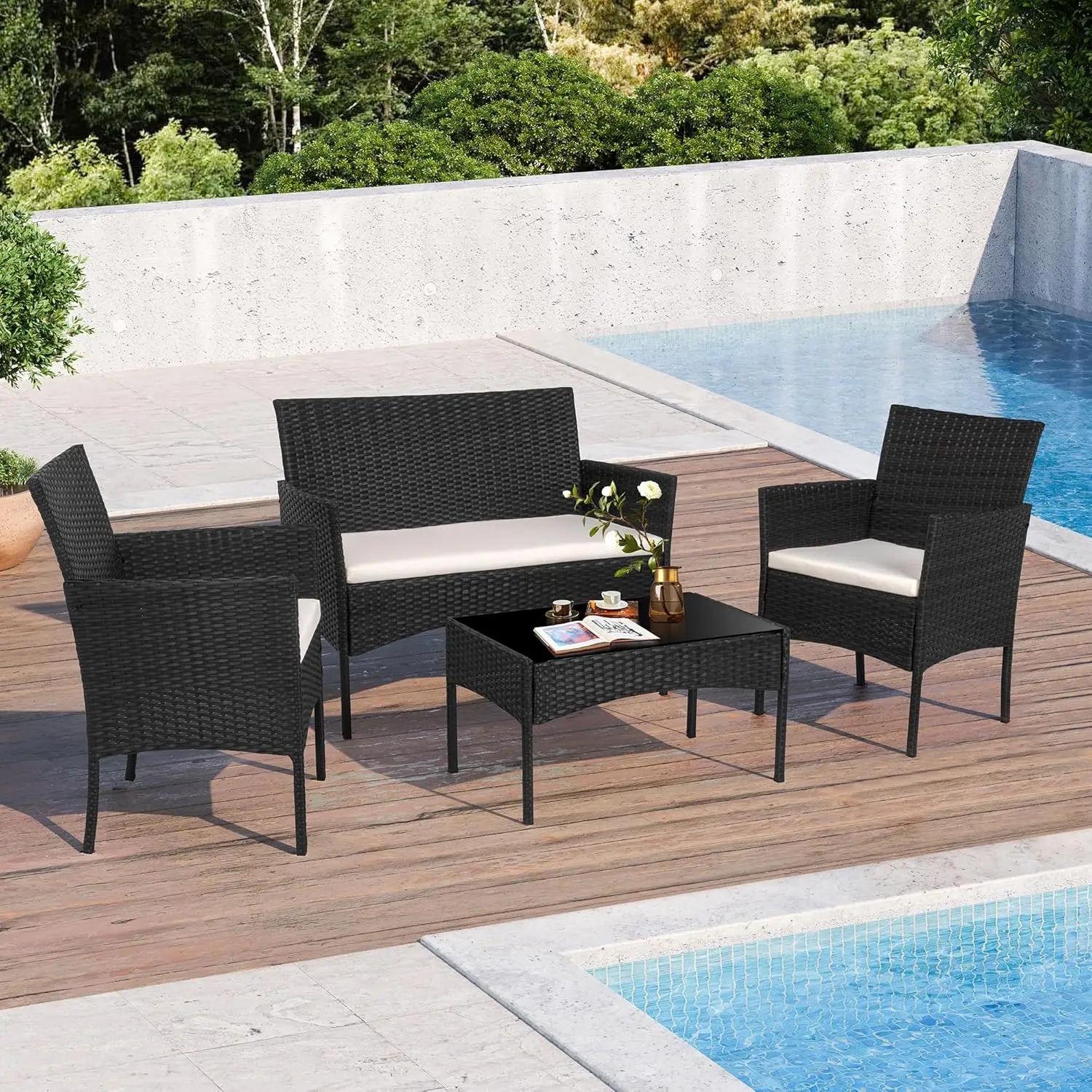 

4 Piece Outdoor Patio Furniture Sets, Small Wicker Patio Conversation Furniture Chair Set with Tempered Glass Coffee Tab