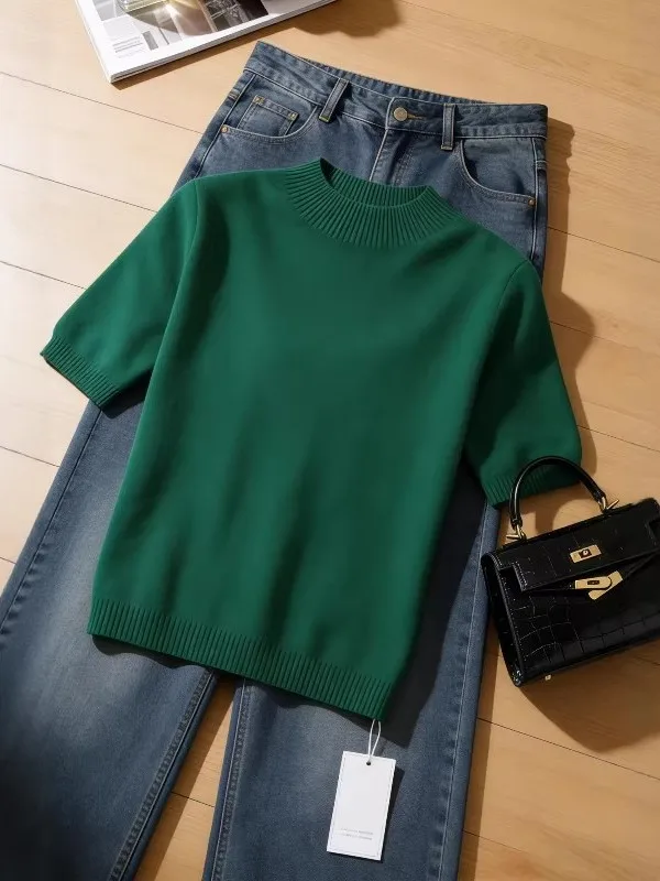 

plus Size Fashionable Loose Knitted Short Sleeve T-Shirt Women's Summer 2026 New Style Flattering Versatile Shoulder Top
