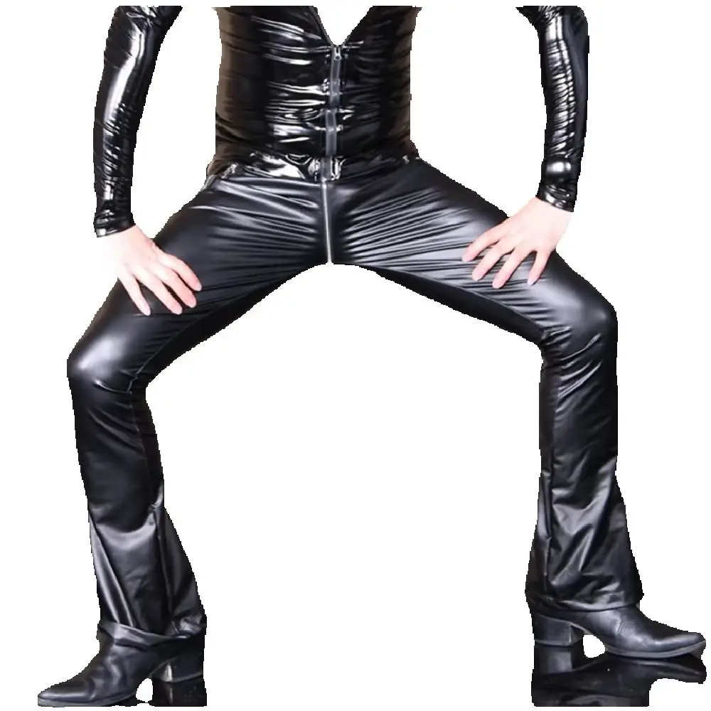

Men's Slim-Fit PU Leather Pants Low Waist Sporty Casual Leggings U-Crotch Zipper Flared Trousers Skinny Motorcycle Bell Bottoms
