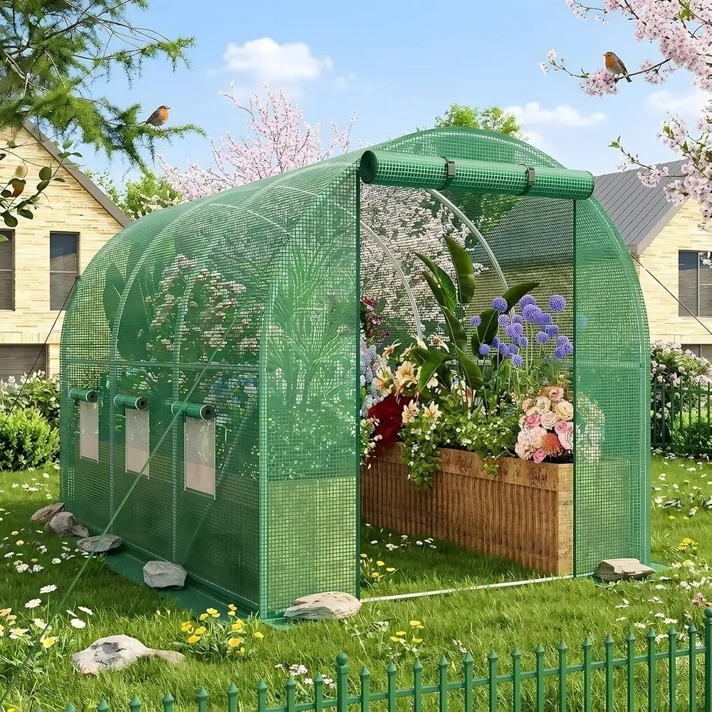 

Садовая теплица-тент 10x7x7 футов, усиленная, с сеткой из полиэтилена, 6 окнами, кольями и веревками, зеленая